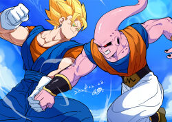 2024 2boys black_nails black_sclera blocking blue_dougi blue_sky bracer clenched_teeth colored_sclera colored_skin commentary_request dated dougi dragon_ball dragonball_z earrings fighting gloves green_eyes imminent_punch jewelry jiajiajiajiaa lens_flare looking_at_another majin_buu male_focus multiple_boys muscular muscular_male orange_dougi outdoors pink_skin potara_earrings red_eyes sky smile spiked_hair super_buu super_saiyan teeth vegetto white_gloves