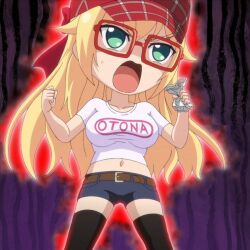 Rule 34 | angry, anime screenshot, belt, black background, black thighhighs, blonde hair, brown belt, chibi, derivative work, glasses, green eyes, hat, highres, long hair, mankitsu happening, mitsuki otona, pants, pink shirt, purple background, red hat, screenshot redraw, shirt, short pants, thighhighs, white shirt