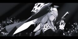 1girl absurdres blue_archive blue_eyes braid closed_mouth coif desert_eagle dress flower from_side glint greyscale gun habit halo handgun highres holding holding_gun holding_weapon letterboxed long_hair long_sleeves looking_at_viewer looking_to_the_side mari_(blue_archive) monochrome nun patanda reloading smile solo spot_color trigger_discipline upper_body veil weapon