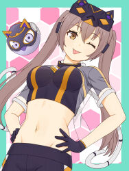 1girl ;p absurdres aqua_border border breasts brown_eyes brown_hair cat_mask commentary_request commission cowboy_shot crop_top duel_monster em:p_meowmine fake_tail gloves groin hair_between_eyes hands_on_own_hips highres i:p_masquerena jacket jackson_(antt3478) long_hair looking_at_viewer mask mechanical_tail medium_breasts midriff multicolored_pants multicolored_shirt navel one_eye_closed open_clothes open_jacket pants pixiv_commission purple_gloves purple_pants purple_shirt see-through_clothes see-through_jacket shirt short_sleeves sidelocks smile solo_focus standing tail tight_clothes tight_pants tongue tongue_out twintails yu-gi-oh!