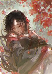 1girl artist_request bare_shoulders black_dress black_hair black_hanfu black_sleeves bow breasts chair chinese_clothes closed_eyes detached_sleeves dress eyelashes falling_petals flower genderswap genderswap_(mtf) hair_ornament hair_ribbon hanfu highres leaf long_hair long_sleeves lying modao_zushi official_alternate_hairstyle on_back on_chair open_mouth parted_bangs parted_lips petals red_flower red_lips red_ribbon ribbon second-party_source sleeping sleeveless sleeveless_dress solo tree upper_body wei_wuxian wei_wuxian_(yiling_laozu) wide_sleeves