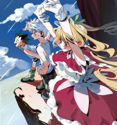 1girl 2boys biscuit_krueger black_shorts closed_mouth cloud dress gloves gon_freecss green_hair green_shoes highres hunter_x_hunter hxh_nyang killua_zoldyck multiple_boys open_mouth pink_dress purple_eyes shirt shoes shorts sleeveless sleeveless_shirt smile spiked_hair sweatdrop twintails white_gloves white_hair white_shirt