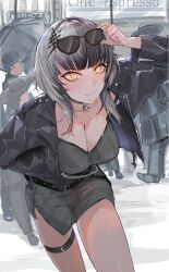 Rule 34 | 1girl, absurdres, alternate costume, black dress, black hair, black jacket, breasts, cleavage, closed mouth, dress, eyewear on head, grey hair, hand in pocket, highres, hololive, hololive english, jacket, kurochanai, large breasts, leaning forward, long hair, multicolored hair, people, shiori novella, short dress, solo focus, split-color hair, sunglasses, thigh strap, umbrella, virtual youtuber, yellow eyes