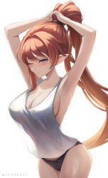1girl alternate_costume armpits arms_up black_panties blush breasts circle_facial_mark cleavage closed_mouth collarbone commentary cowboy_shot hair_intakes high_ponytail highres large_breasts long_hair looking_at_viewer mark_under_both_eyes one_eye_closed panties pointy_ears ponytail purple_eyes red_hair simple_background skyde_kei smile solo tank_top thighs twitter_username underwear very_long_hair white_background white_tank_top wuthering_waves yinlin_(wuthering_waves)
