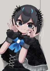 1girl adapted_costume black_capelet black_hair black_shirt black_skirt blue_bow blue_bowtie blue_eyes blue_hair blush bow bowtie capelet eeeee_m frilled_capelet frills hair_between_eyes highres kemono_friends nail_polish pleated_skirt shirt short_hair sidelocks skirt smile solo superb_bird-of-paradise_(kemono_friends) wrist_cuffs