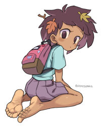 absurdres amphibia anne_boonchuy artist_name backpack bag bare_legs barefoot blue_shirt closed_mouth feet from_behind full_body hair_ornament hair_stick highres leaf_hair_ornament looking_at_viewer looking_back oyatsu_(mk2) purple_eyes purple_hair purple_skirt seiza shirt short_sleeves simple_background sitting skirt soles toenails toes white_background