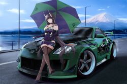 1girl absurdres against_vehicle alternate_costume areola_slip asymmetrical_dress azur_lane backless_dress backless_outfit bare_shoulders black_choker black_hair blue_sky blush breasts bridge brown_thighhighs car checkered_clothes checkered_dress checkered_footwear checkered_gloves choker cleavage closed_mouth clothing_cutout cloud collarbone commentary company_name copyright_name country_connection crossed_legs day dress elbow_gloves electronic_arts eyelashes feet gloves green_car green_trim high_heels highres hip_vent holding holding_shoes holding_umbrella holding_unworn_clothes horns japan kawaguchiko_bridge kcar66t key lamppost large_breasts latex latex_dress latex_gloves latex_skirt leaning_against_vehicle legs light_smile logo long_hair microdress motor_vehicle mount_fuji mountain mountainous_horizon need_for_speed need_for_speed:_underground_2 nissan nissan_350z nissan_fairlady_z no_bra no_shoes noshiro_(azur_lane) on_car outdoors partially_fingerless_gloves pencil_dress pencil_skirt purple_eyes purple_gloves purple_shoes race_queen railing real_world_location revealing_clothes revision road seamed_legwear see-through_clothes see-through_dress shiny_clothes shoes side_cutout single_shoe single_strap skin_tight skindentation skirt sky sleeveless sleeveless_dress smile solo sports_car spread_toes stance_(vehicle) strappy_heels taut_clothes taut_dress thighhighs tight_clothes toes tree umbrella unworn_shoes vehicle_focus very_long_hair zettai_ryouiki
