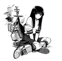 1girl anchor bandaid bandaid_on_knee bandaid_on_leg between_legs blunt_bangs breasts greyscale hand_between_legs hatimoto hatsuyuki_(kancolle) highres hime_cut kantai_collection long_hair medium_breasts monochrome nipples off_shoulder open_clothes open_shirt rigging sailor_collar school_uniform serafuku shoes simple_background sitting skirt smoke socks solo sweat