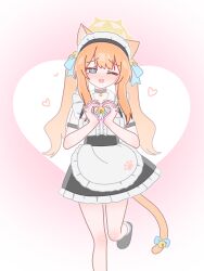 1girl absurdres alternate_costume animal_ears bell black_choker blue_archive blue_bow blue_eyes bow cat_ears cat_girl cat_tail choker commentary_request dress enmaided foot_up frilled_dress frills hair_bell hair_ornament halo heart heart_background heart_hands highres horuhara jingle_bell korean_commentary long_hair maid maid_headdress mari_(blue_archive) neck_bell one_eye_closed open_mouth solo standing standing_on_one_leg tail tail_bell tail_bow tail_ornament twintails yellow_halo