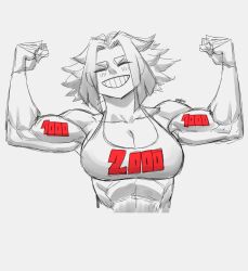 Rule 34 | 1girl, abs, absurdres, breasts, cleavage, closed eyes, flexing, greyscale, highres, limn044, monochrome, muscular, muscular female, original, roxan (limn044), short hair, smile, tank top, teeth