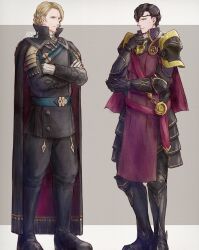 2boys alternate_costume armor armored_gloves black_boots black_cape black_gloves boots cape commentary_request cosplay costume_switch crossed_arms fire_emblem fire_emblem:_three_houses fire_emblem_fates full_body gloves hand_up highres hubert_von_vestra hubert_von_vestra_(cosplay) hubert_von_vestra_(timeskip) knee_boots looking_at_another male_focus multiple_boys nintendo purple_cape shoulder_armor standing tohka_sd white_gloves xander_(fire_emblem) xander_(fire_emblem)_(cosplay)