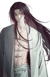 1boy abs bare_pectorals black_hair chinese_clothes closed_mouth cowboy_shot facial_mark forehead_mark hanfu highres korean_commentary long_hair long_sleeves looking_to_the_side luo_binghe male_focus muscular muscular_male nonji_(nonxgg) open_clothes pants pectorals red_eyes renzha_fanpai_zijiu_xitong solo white_background white_hanfu white_pants zuiyin