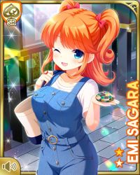 1girl ;d bean_bag blue_eyes bow character_name city denim_overalls girlfriend_(kari) official_art one_eye_closed open_mouth orange_hair outdoors qp:flapper red_bow sagara_emi shirt shorts smile solo tagme thighhighs white_shirt