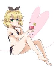 1girl barefoot bikini bikini_day black_bikini blonde_hair breasts cup drink feet full_body green_eyes heart holding holding_cup idolmaster idolmaster_cinderella_girls legs looking_at_viewer navel remiri_nicoeli sakurai_momoka short_hair side-tie_bikini_bottom sitting small_breasts solo stomach swimsuit thighs white_background