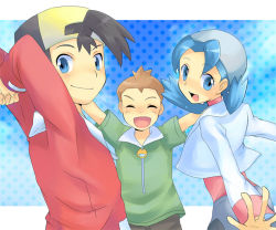 Rule 34 | 1990s (style), 1girl, 2boys, arms behind head, arms up, baseball cap, bike shorts, black hair, blue eyes, blue hair, newsboy cap, closed eyes, cubexcube, hat, jimmy (pokemon), looking back, marina (pokemon), multiple boys, nintendo, pokemon, pokemon (anime), pokemon (classic anime), retro artstyle, twintails, vincent (pokemon)