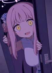 Rule 34 | 1girl, absurdres, blue archive, blue bow, blunt bangs, bow, breasts, crazy eyes, door handle, doorway, dress, flower, hair bun, hair flower, hair ornament, halo, highres, large breasts, long hair, looking at viewer, mika (blue archive), open mouth, opening door, pink hair, pink halo, pov doorway, purple flower, single hair bun, single side bun, sleeveless, sleeveless dress, smile, solo, upper body, white dress, yandere, yellow eyes, zddma20