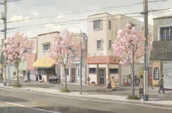 absurdres awning bicycle building check_copyright cherry_blossoms cloud commentary_request copyright_request door hayashi_naoyuki highres lamppost original outdoors people power_lines road scenery shopping_district sitting sky standing storefront street tree utility_pole walking window