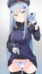 1girl beret black_gloves black_hat black_jacket black_skirt black_thighhighs blue_background blue_hair bow bow_panties breasts cellphone closed_mouth clothes_lift clothes_writing commentary_request cross_hair_ornament flashing girls&#039;_frontline gloves gradient_background green_eyes hair_ornament hat highres hk416_(girls&#039;_frontline) holding holding_phone jacket jambayashi large_breasts lifting_own_clothes looking_at_viewer making-of_available multicolored_jacket panties phone pleated_skirt purple_jacket selfie simple_background skirt skirt_lift smartphone smile solo tattoo teardrop_facial_mark teardrop_tattoo thighhighs two-tone_gloves two-tone_jacket underwear white_background white_gloves white_panties