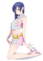 1girl absurdres arched_back bare_legs barefoot blue_hair brown_eyes closed_mouth crop_top cropped_shirt from_side full_body gold_belt highres idolmaster idolmaster_(classic) idolmaster_2 katsu_(kana) kisaragi_chihaya kneeling long_hair looking_to_the_side luxury_(idolmaster) midriff navel pink_diamond_765_(idolmaster) pink_skirt pink_wrist_cuffs shirt shoes simple_background skirt sleeveless sleeveless_shirt solo unworn_shoes white_background wrist_cuffs