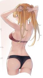 1girl adjusting_hair arms_behind_head arms_up ass back bare_arms black_shorts blonde_hair blush breasts commentary english_commentary from_behind highres long_hair median_furrow medium_breasts micro_shorts original red_eyes red_tube_top short_shorts shorts simple_background solo strapless thighs ticker_(kks2ksy) tube_top twintails white_background