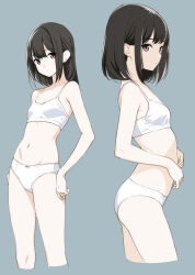 Rule 34 | 1girl, bare shoulders, bra, breasts, brown hair, grey background, hair behind ear, highres, medium hair, moonsorrow, multiple views, navel, original, panties, small breasts, solo, stomach, training bra, underwear, white panties