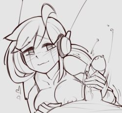 1boy 1girl android blush breasts curly_brace doukutsu_monogatari handjob hetero long_hair monochrome motion_lines nickleflick nipples penis pov robot_ears smile