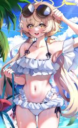 1girl absurdres adjusting_eyewear bag bare_shoulders bikini blonde_hair blue_archive blue_sky blush breasts cloud commentary_request day eyewear_on_head frilled_bikini frills halo hifumi_(blue_archive) hifumi_(swimsuit)_(blue_archive) highres holding holding_bag long_hair looking_at_viewer low_twintails medium_breasts navel official_alternate_costume open_mouth outdoors palm_leaf peroro_(blue_archive) ribbon-trimmed_bikini ribbon-trimmed_swimsuit ribbon_trim sak_(lemondisk) side-tie_bikini_bottom sky smile solo stomach sunglasses swimsuit twintails wet white_bikini yellow_eyes yellow_halo
