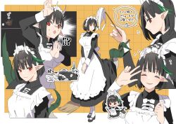 !? 1girl alternate_costume apron biscione_(fate) black_dress black_hair breasts broom censored chibi chikuwa_(cccccchhhhhhii) dragon_horns dragon_tail dress duster enmaided fate/grand_order fate_(series) grid_background highres holding holding_broom holding_duster horns large_breasts maid maid_apron maid_headdress mosaic_censoring pointy_ears prehensile_tail red_eyes smile surprised tail tripping v