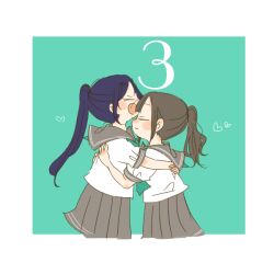 2girls animification border brown_hair closed_eyes closed_mouth commentary countdown green_background green_neckerchief grey_sailor_collar grey_skirt heart hug kase_(ks_lys) long_hair love_live! love_live!_sunshine!! matsuura_kanan multiple_girls mutual_hug neckerchief open_mouth pleated_skirt ponytail purple_hair sailor_collar school_uniform serafuku shirt sidelocks simple_background skirt summer_uniform suwa_nanaka uranohoshi_school_uniform voice_actor voice_actor_connection white_border white_shirt