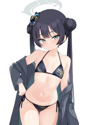 1girl bikini black_bikini black_hair blue_archive braid braided_bun butterfly_hair_ornament double_bun dragon_print flat_chest grey_eyes grey_halo grey_jacket hair_bun hair_ornament halo highres jacket jacket_partially_removed kisaki_(blue_archive) loli long_hair looking_at_viewer pinstripe_jacket pinstripe_pattern side-tie_bikini_bottom solo striped_clothes striped_jacket swimsuit twintails zarashi