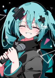 1girl ankaketomato aqua_hair batsu_miku blush grey_jacket hair_between_eyes hair_ornament hatsune_miku highres holding holding_microphone jacket kowareta_sekai_to_utaenai_miku long_hair long_sleeves microphone parted_lips project_sekai smile solo turtleneck turtleneck_jacket twintails upper_body very_long_hair vocaloid wide_sleeves x_hair_ornament