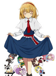1girl alice_margatroid blonde_hair blue_dress blush capelet character_doll closed_eyes closed_mouth commentary_request doll dress facing_viewer frilled_sash fumo_(doll) hairband hakurei_reimu haniyasushin_keiki highres kirisame_marisa komeiji_satori long_sleeves nazrin patchouli_knowledge red_hairband red_sash sash simple_background skirt_hold smile solo split_mouth touhou tsuukinkaisoku_oomiya waist_sash white_background white_capelet