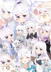 !? 1girl ahoge alternate_costume alternate_form alternate_hairstyle animal_ears black_leotard blowing_kiss blue_archive blue_eyes blush bow bowtie box braid breasts chibi chibi_inset child closed_eyes compilation cuffs detached_collar detached_sleeves flower food green_bow green_bowtie grey_hoodie grey_kimono hair_flower hair_ornament hairclip halo hand_on_own_cheek hand_on_own_face handcuffs headpat highres hituji03-24 holding holding_box holding_food hood hoodie horns ice_cream_crepe japanese_clothes kimono kirino_(blue_archive) leotard long_hair looking_at_viewer maid medium_breasts mochi purple_bow purple_bowtie purple_halo rabbit_ears rubbing_eyes sheep sheep_girl sheep_horns simple_background single_braid solo strapless strapless_leotard swept_bangs twin_braids upper_body very_long_hair white_background white_hair yukata