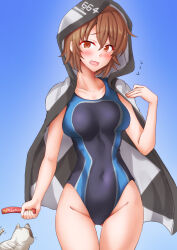 1girl anti_(untea9) blue_one-piece_swimsuit breasts brown_eyes brown_hair cat competition_swimsuit gluteal_fold hat highres kantai_collection looking_at_viewer medium_breasts one-piece_swimsuit raincoat richard_p._leary_(kancolle) richard_p._leary_(rainy_season)_(kancolle) short_hair solo swimsuit white_raincoat