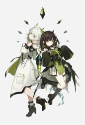 2girls absurdres animal_ears arknights artist_name bare_shoulders black_boots black_hair black_shoes blue_shrimp boots breasts cat_ears cat_girl coat commentary_request dated dress full_body green_dress green_eyes green_hair grey_background high_heels highres kal&#039;tsit_(arknights) mixed-language_commentary mon3tr_(arknights) multiple_girls shoes simple_background sleeves_past_fingers sleeves_past_wrists tail white_coat