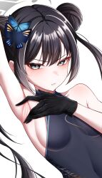 Rule 34 | 1girl, absurdres, arm behind head, arm up, armpits, black dress, black gloves, black hair, blue archive, blush, breasts, butterfly hair ornament, china dress, chinese clothes, commentary request, double bun, dress, gloves, grey eyes, grey halo, hair bun, hair ornament, halo, highres, hyun (kzze3232), kisaki (blue archive), long hair, looking at viewer, parted lips, print dress, sideboob, sidelocks, sleeveless, sleeveless dress, small breasts, solo, spread armpit, twintails, upper body