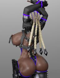 1girl absurdres ass bodypaint bodysuit braid braided_ponytail breasts breasts_out curvy dark-skinned_female dark_skin dolores_(kof) female_focus from_behind glowing highres huge_ass huge_breasts ibex-cg jewelry latex leather long_hair long_sleeves multicolored_hair nipples pants purple_hair shiny_clothes shiny_skin the_king_of_fighters thick_thighs thighs tight_clothes tight_pants two-tone_hair white_hair wide_hips