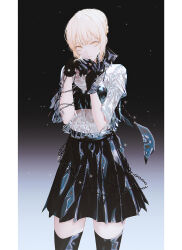 1girl artoria_pendragon_(fate) black_background black_collar black_gloves black_ribbon black_thighhighs blonde_hair blunt_bangs border braid breasts chain cleavage collar commentary cowboy_shot english_commentary expressionless fate/stay_night fate_(series) fov_ps frilled_shirt frills gloves gradient_background hair_between_eyes hair_bun hair_ribbon highres latex latex_skirt looking_at_viewer medium_breasts midriff miniskirt pillarboxed pleated_skirt ribbon saber_alter see-through_clothes see-through_shirt shiny_clothes shirt sidelocks simple_background single_hair_bun skirt solo standing thighhighs white_border yellow_eyes zettai_ryouiki