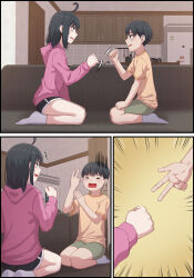 Rule 34 | 1boy, 1girl, absurdres, black hair, brother and sister, closed eyes, couch, highres, indoors, kitchen, on couch, open mouth, original, refrigerator, rock paper scissors, s-goon, shorts, siblings, socks, v, white socks