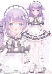 1girl :d animal_ears apron baby_bottle back_bow black_bow black_dress blue_eyes blush bottle bow bowtie breasts brooch cleavage cleavage_cutout closed_mouth clothing_cutout collar commentary_request detached_sleeves detached_wings dress fang fingernails frilled_apron frilled_collar frilled_dress frilled_wrist_cuffs frills full_body grey_bow grey_bowtie hair_bow hair_ornament hand_up heart heart_brooch heart_cutout heart_hair_ornament heart_ring heart_wand highres holding holding_wand jewelry leg_warmers long_hair looking_at_viewer maid maid_headdress mary_janes multicolored_nails multiple_views nail_polish official_art omochi_monaka open_mouth pink_bow pink_nails pink_shoes plaid_bow plaid_bowtie plaid_clothes platform_shoes propro_production puffy_short_sleeves puffy_sleeves purple_background purple_hair purple_nails ring shoes short_dress short_sleeves sidelocks sleeve_bow small_breasts smile square_neckline standing straight-on twintails uzuki_rabby virtual_youtuber waist_apron wand white_apron white_background white_collar white_leg_warmers wing_hair_ornament wings wrist_cuffs
