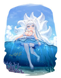 1girl :o animal animal_ear_fluff animal_ears bare_arms bare_shoulders blue_eyes blue_sky breasts cloud collarbone commentary_request coral day fish fox_ears fox_girl fox_tail frilled_one-piece_swimsuit frills full_body grey_hair grey_one-piece_swimsuit grey_sandals hair_between_eyes highres innertube kitsune kyuubi large_breasts looking_at_viewer multiple_tails one-piece_swimsuit original parted_lips partially_underwater_shot sandals satsuki_yukimi sky solo standing standing_on_one_leg swim_ring swimsuit tail water