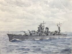 Rule 34 | atelier bono, cloud, cloudy sky, commentary request, cruiser, destroyer, highres, imperial japanese navy, mast, military, military vehicle, no humans, ocean, original, outdoors, painting (medium), rising sun flag, sailing, ship, ship turret, sky, smokestack, sunburst, traditional media, vehicle focus, warship, watercolor (medium), watercraft, waves, yahagi (cruiser)
