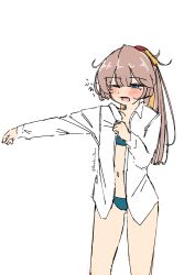 Rule 34 | 1girl, absurdres, blue bra, blue eyes, blue panties, bra, brown hair, collared shirt, dress shirt, dressing, feet out of frame, hair ribbon, highres, kantai collection, kazagumo (kancolle), long hair, one eye closed, open clothes, open mouth, open shirt, panties, ponytail, ribbon, shirt, simple background, sleepy, solo, tsuru (thunder tsuru), underwear, white background, white shirt, yawning