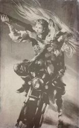 00s 1boy 1girl aiming animal_ears armor balflear enticer final_fantasy final_fantasy_xii fran_(ff12) gun helmet ivalice_alliance long_hair monochrome mos motor_vehicle motorcycle rabbit_ears sepia short_hair vehicle very_long_hair vest viera weapon yamaha