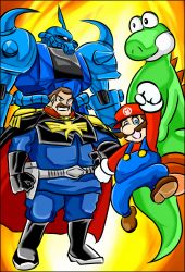 2boys black_hair blue_eyes brown_hair crossover emakisa facial_hair gouf gundam hat male_focus mario mario_(series) mobile_suit_gundam multiple_boys mustache nintendo parody ramba_ral smile super_mario_bros._1 tail yoshi