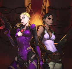2boys 2girls albert_wesker belt blonde_hair blue_eyes bodysuit breasts brown_eyes brown_hair camisole capcom center_opening chris_redfield cleavage dark_skin finger_on_trigger fingerless_gloves glasses gloves gun headset jewelry jill_valentine large_breasts machine_pistol military multiple_boys multiple_girls nekkeau opaque_glasses paramilitary ponytail purple_bodysuit resident_evil resident_evil_5 sheva_alomar short_hair shotgun skin_tight skorpion_vz._61 submachine_gun weapon