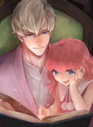 1boy 1girl :d ace_attorney age_difference artist_name blonde_hair blue_eyes book hand_on_own_cheek hand_on_own_face herlock_sholmes highres holding holding_book iris_wilson long_hair looking_at_object neck_tassel nightgown nmimymr on_chair open_mouth pink_hair pointing purple_nightgown purple_robe reading robe shirt short_hair sitting sleeveless smile sparkle teeth the_great_ace_attorney turning_page upper_teeth_only white_shirt wing_collar