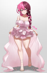 1girl alternate_costume ankle_strap artist_name bare_legs bow braid braided_bangs breasts brown_eyes chest_bow cleavage commentary cslucaris dress dress_bow english_commentary fingernails flower frilled_dress frills full_body gradient_background grey_background hair_flower hair_ornament hair_over_shoulder heterochromia highres holding jewelry light_blush long_hair looking_at_viewer low-braided_long_hair low-tied_long_hair medium_breasts multicolored_hair neapolitan_palette necklace neopolitan_(rwby) off-shoulder_dress off_shoulder overskirt petals pink_bow pink_dress pink_eyes pink_hair pink_petals rwby sandals see-through_silhouette shadow short_dress short_sleeves skirt_hold smile solo spaghetti_strap split-color_hair standing thighs toenails toes two-tone_hair white_flower white_sandals