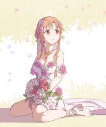 asuna_(sao) bare_legs bare_shoulders braid breasts bride brown_eyes brown_hair dress elf feet flower french_braid hair_flower hair_ornament high_heels highres holding holding_flower jewelry long_hair looking_up medium_breasts necklace pointy_ears rose sandals sword_art_online titania_(sao) wedding_dress white_dress white_flower white_rose wqn0930