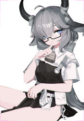 1girl absurdres animal_ears apron bandaged_horn bandages bell black_apron blue_eyes cowbell darandy finger_to_mouth glasses grey_hair hair_between_eyes highres horns index_finger_raised long_hair looking_at_viewer neck_bell original panties shirt short_sleeves side-tie_panties simple_background solo underwear white_background white_panties white_shirt